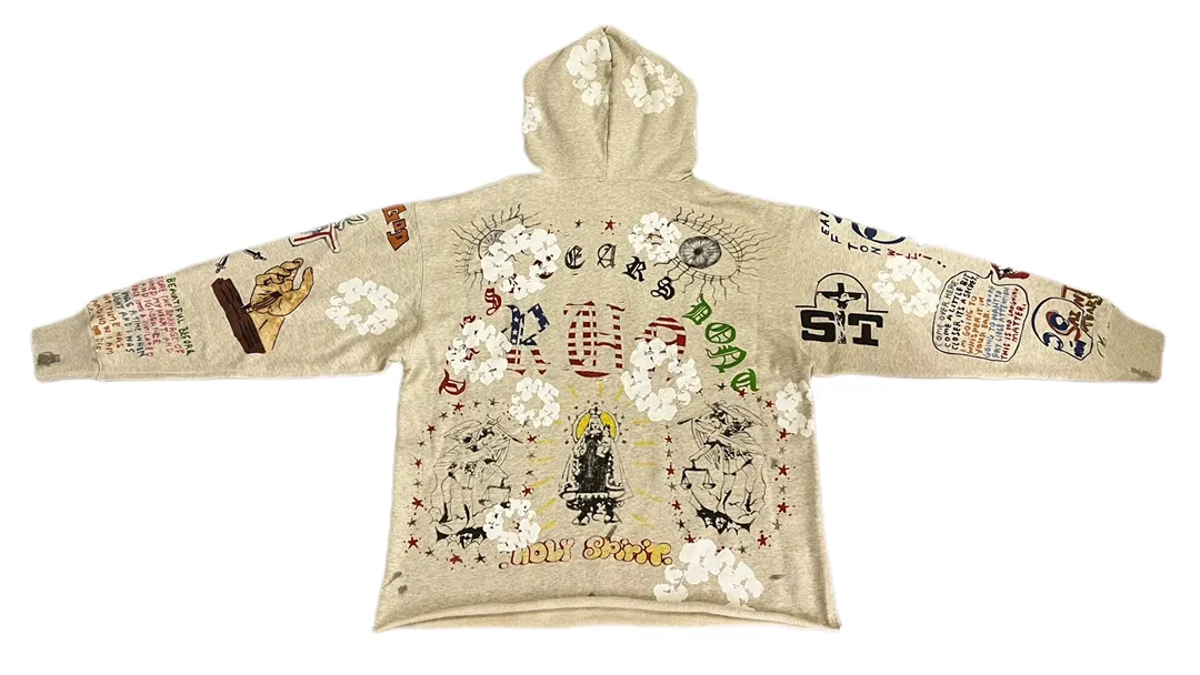 DENIM TEARS × ©SAINT M×××××× "SAINT TEARS" Graffiti Hoodie 22ss co-branded cotton graffiti hoodie, full printed washed distressed hole Vintage sweatshirt, gray S-XL, super heavy duty! The whole piece is printed with 35 screens and counterpoint printing!